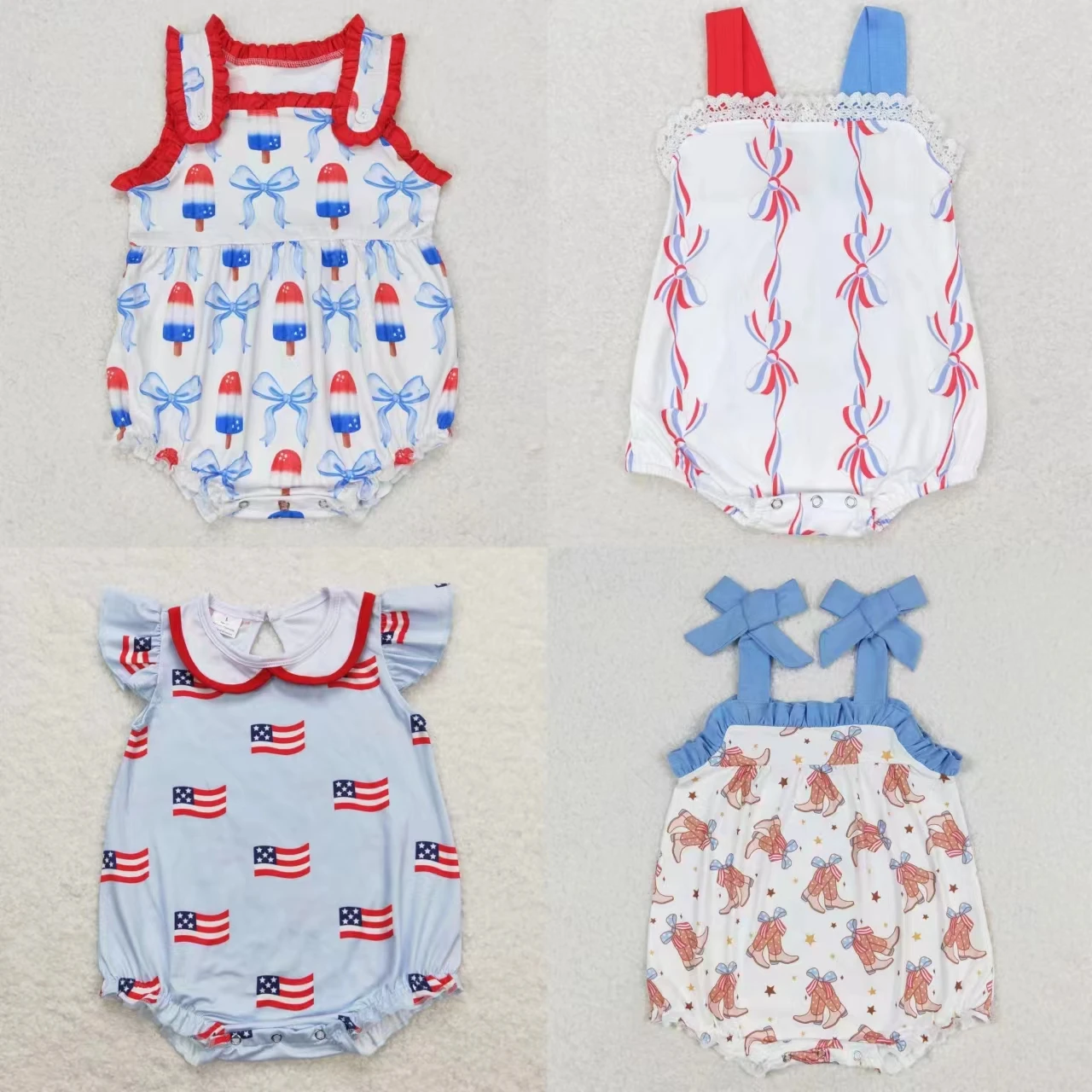 

Wholesale Newborn Toddler July 4th Clothing Baby Girl Flags Bows Boots Infant Jumpsuit Kids Children Overall Bubble Romper