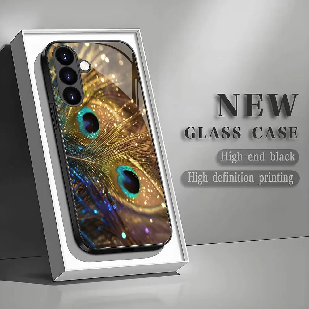 

Чехол для телефона из закаленного стекла с узором «Павлинье перо» для Samsung Galaxy S26 S25 S24 S23 S22 S20 FE/Ultra/Plus, противоударная задняя крышка