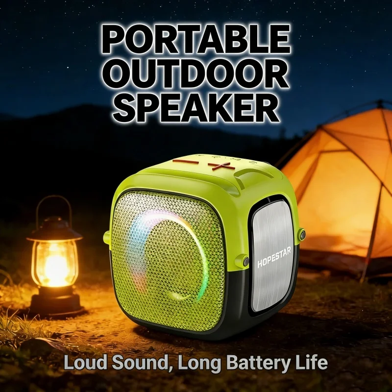 

Портативная беспроводная колонка с ручкой, мощным громким стереозвуком, длительным временем работы от батареи и FM-радио для использования на улице