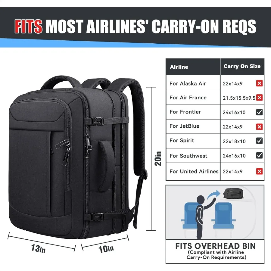 Zaino da trasporto Zaino da viaggio da 50 litri Antifurto TSA Flight Appd Borsa per laptop grande per uomo Tasca impermeabile Leggero espandibile