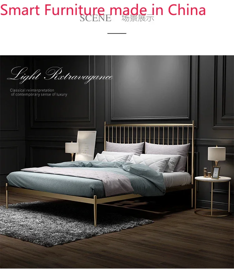 bed Custom Nordic wrought iron  1.8m 1.5m small apartment double modern simple titanium gold stainless steel light luxury