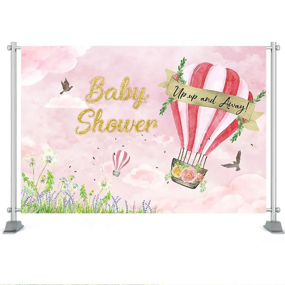 Up Up and Away Baby Shower Backdrop Hot Air Balloon Photo Background Boys Girls Baby Shower Party Decor Dessert Table Banner