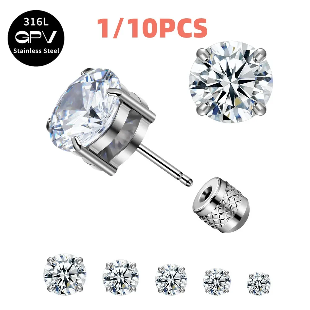 2/10PCS 316L Medical Stainless Steel Insert Ear Studs PVD Multiple Sizes Zircon Pierced Jewelry For Men And Women