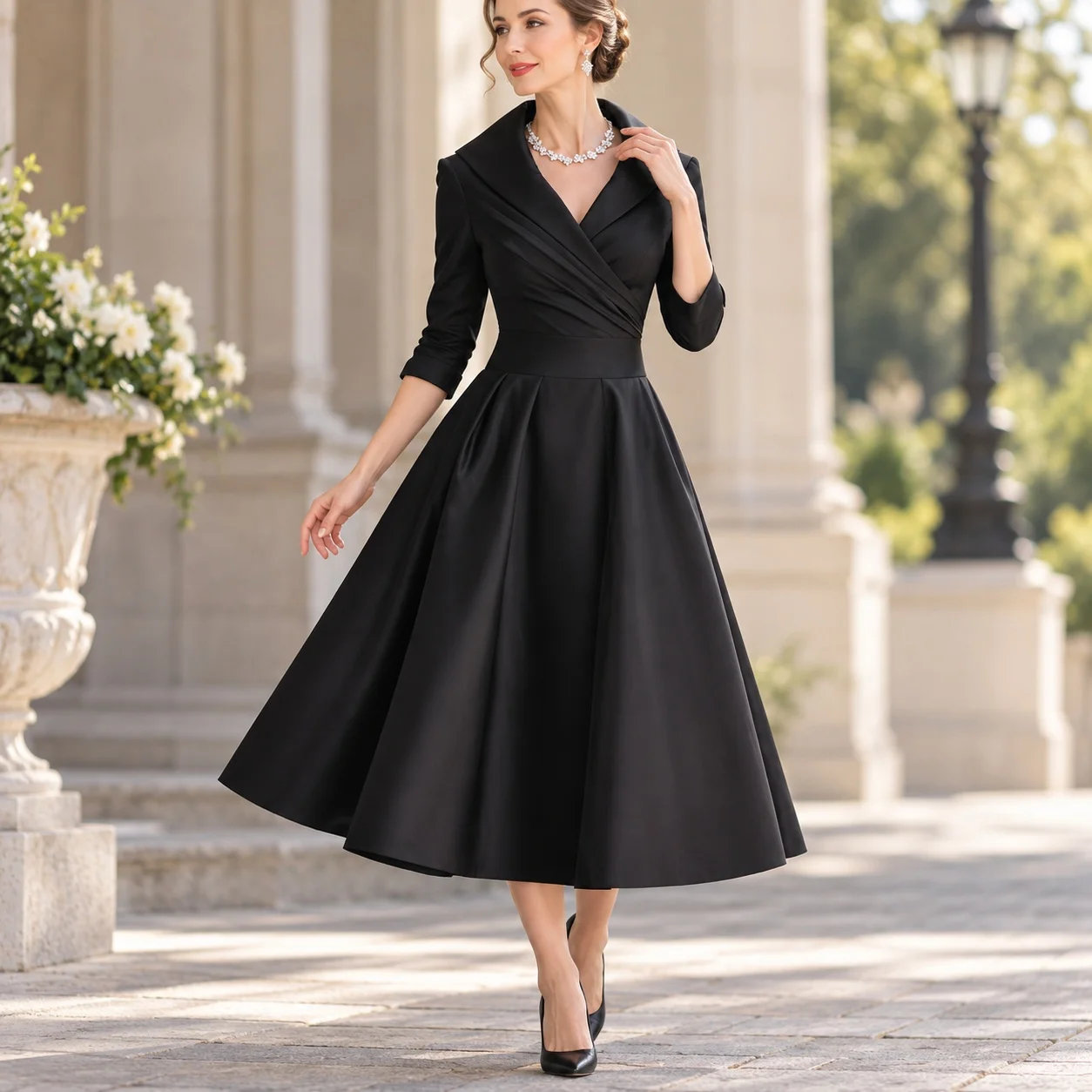 V Neck Slim Fit Dress Fitted Elegant with Patchwork Zipper Closure Long Sleeve Maxi Length Umbrella Skirt Party Dress for Women