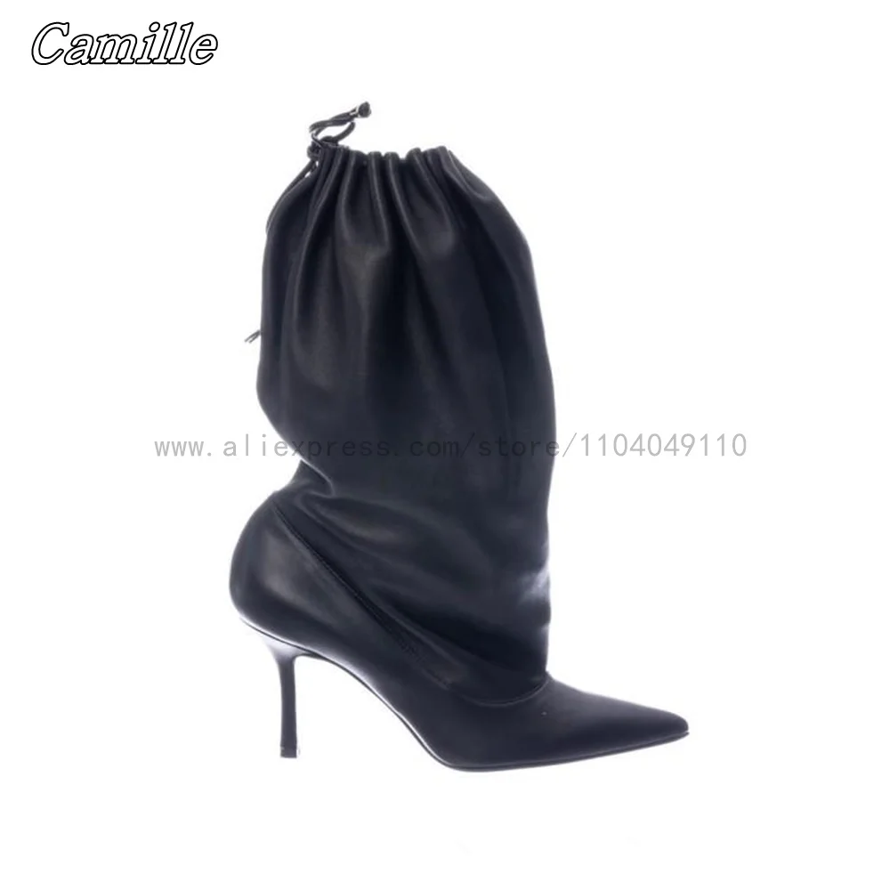 

First Layer Cowhide Sexy Drawstring Stiletto Modren Boots Large Size Solid Mid Heel Boots Pointed Toe Pleated Casual Boots