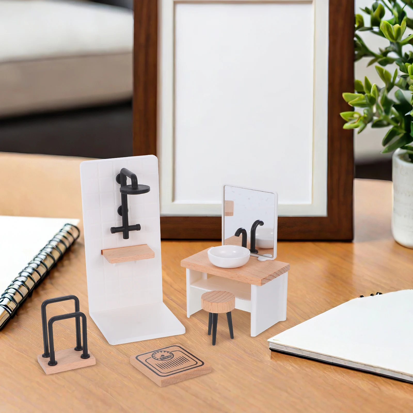 

1Set Miniature Bathroom Accessories Set 1:12 Scale Realistic Sink Shower Room Towel Rack Dressing Stool for Dollhouse