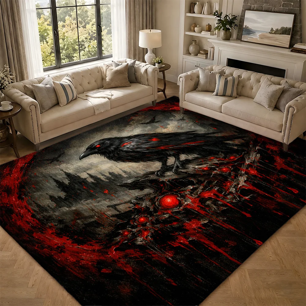 1pc Gothic Area Rug for Living Room & Bedroom, Dark Gothic Raven & Blood Red Pattern, Non-Slip Backing, Soft & Machine Washable