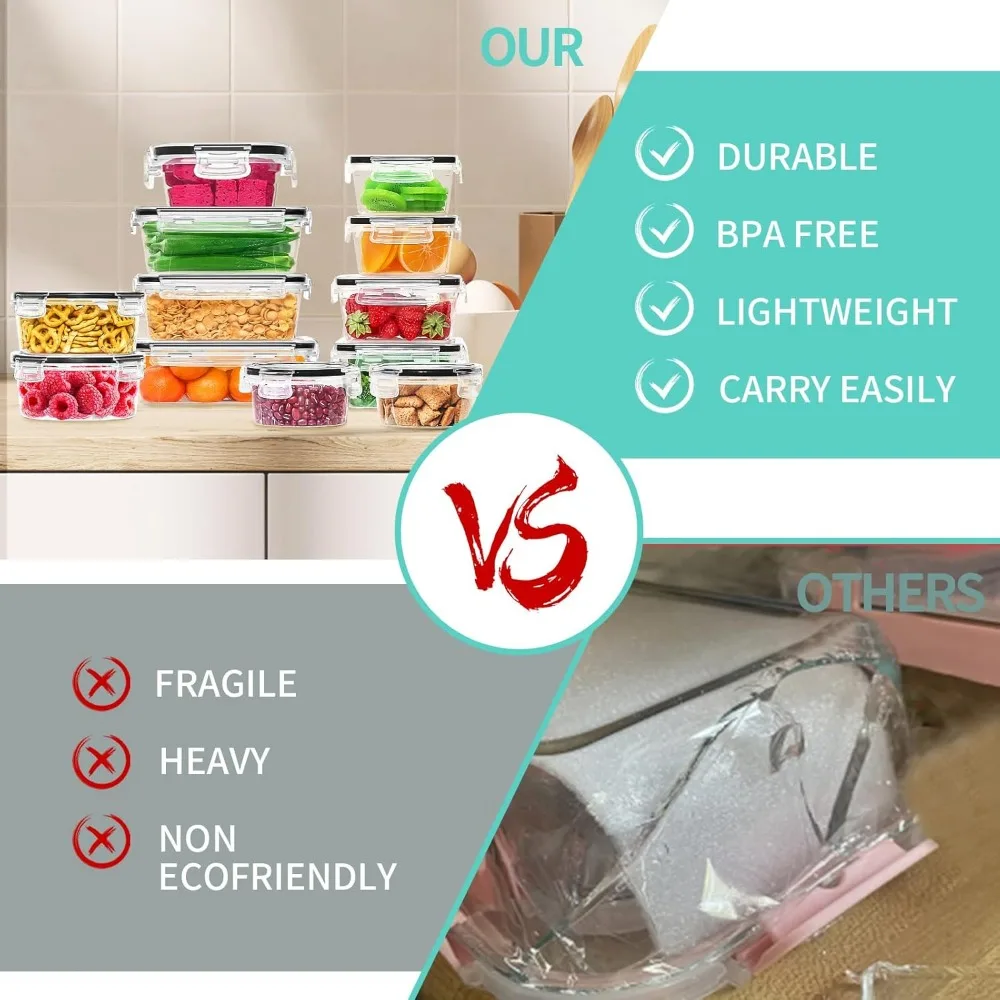 Juego de contenedores herméticos para almacenamiento de alimentos de 72 piezas con tapas, organizadores de cocina a prueba de fugas para preparación de comidas y despensa