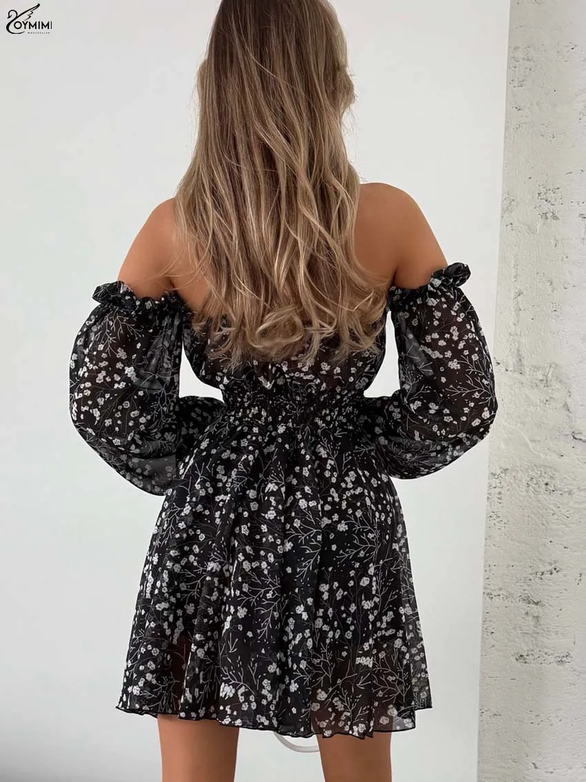 Oymimi Fashion Black Print Dresses 2025 Woman Elegant Strapless Open Back Long Sleeve Dresses Casual High Waist Loose Mini Dress