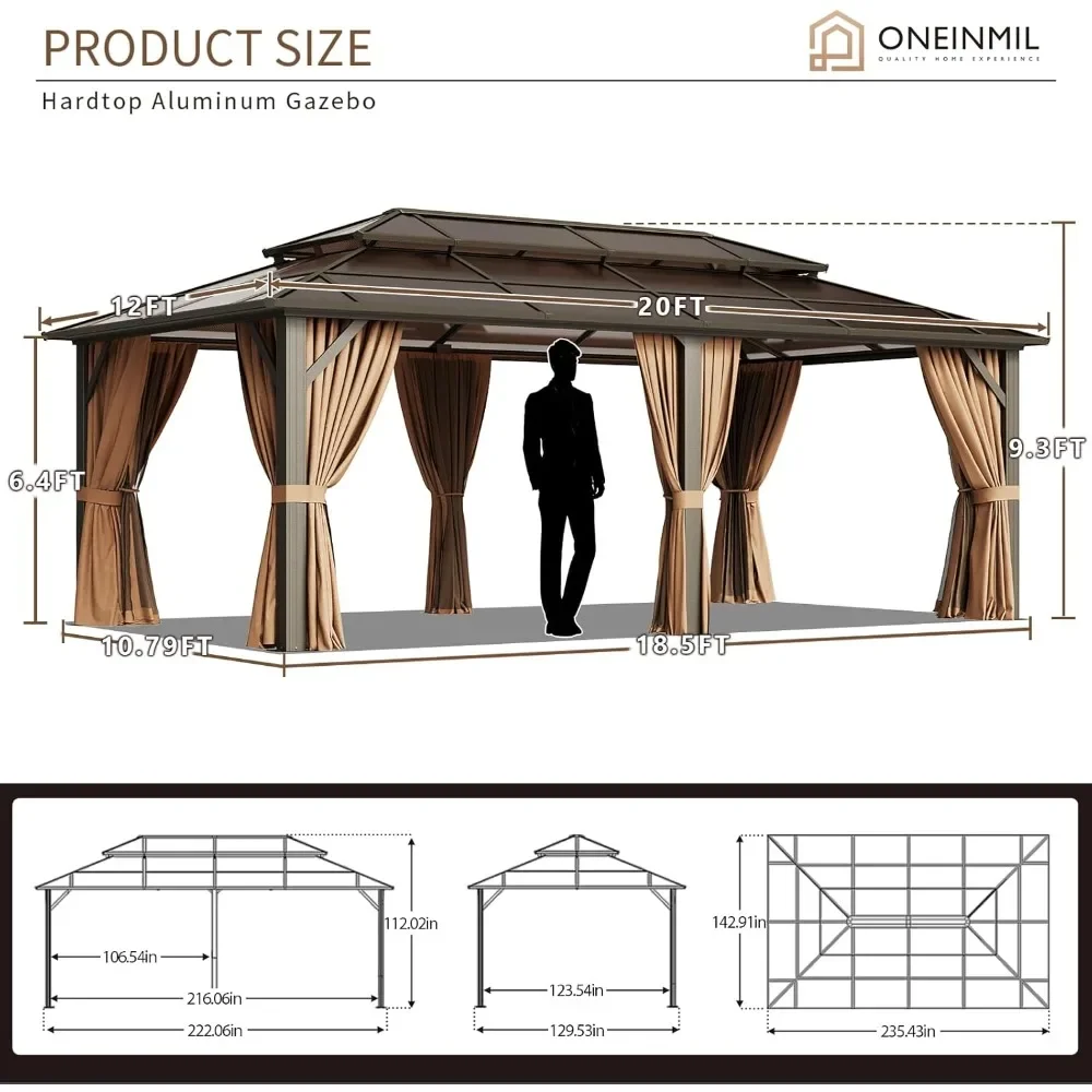 12'x20' Hardtop Gazebo, Outdoor Polycarbonate Double Roof Canopy,Aluminum Frame Permanent Pavilion with Curtains and Netting