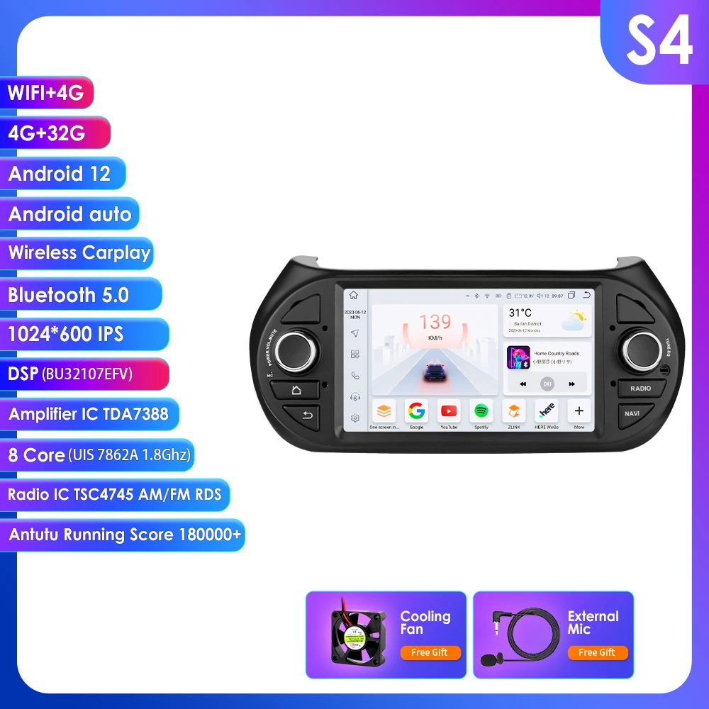 7" Android 14 autoradio voor Peugeot Bipper, Citroën Nemo, Fiat Fiorino, Qubo, multimedia-speler, 4G, wifi, Carplay, GPS, 7862 hoofdunit, BT