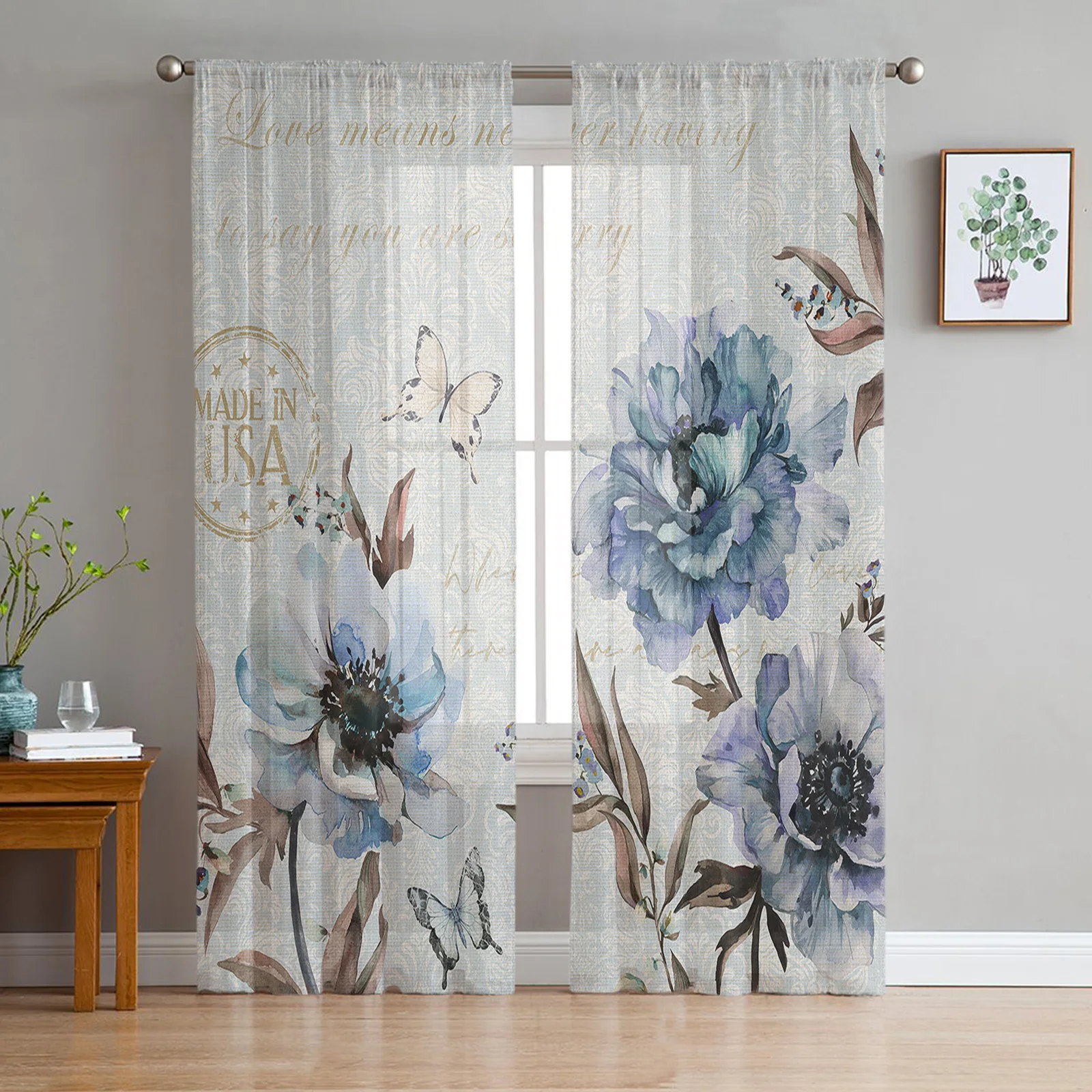 Retro Flower Butterfly Blue Peony Sheer Curtains Modern Gauze Curtain for Living Room Bedroom Voile Yarn Curtains