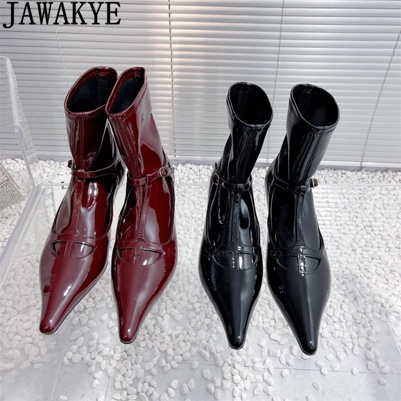 Patent Leather Kitten Heels Elastic Ankle Boots Women Winter Pointy Toe Chelsea Short Boots Autumn Fashion Week Slim Party Boots