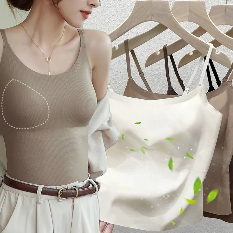 40-70kg Summer Ice Silk Camisole Top with Build-in Bra for Women Back Underwear Fixed Cup One-Piece Slimming Tanks Bra Underwear