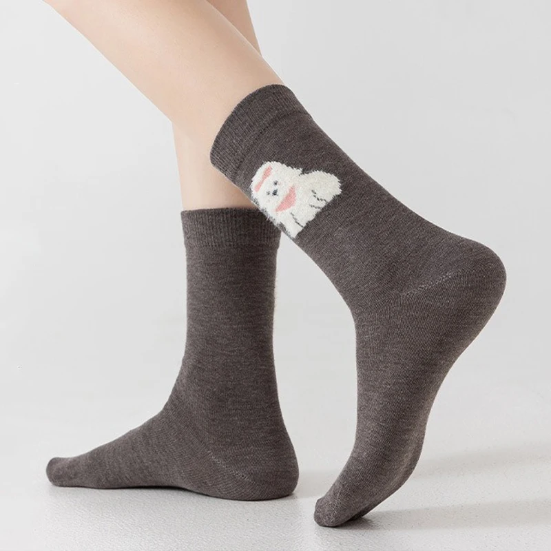 Women's Wool Socks Breathable Sweat Absorbent Ins Style Flocked Cartoon Korean Trendy Mid Calf Slouch Socks Fashionable And Warm