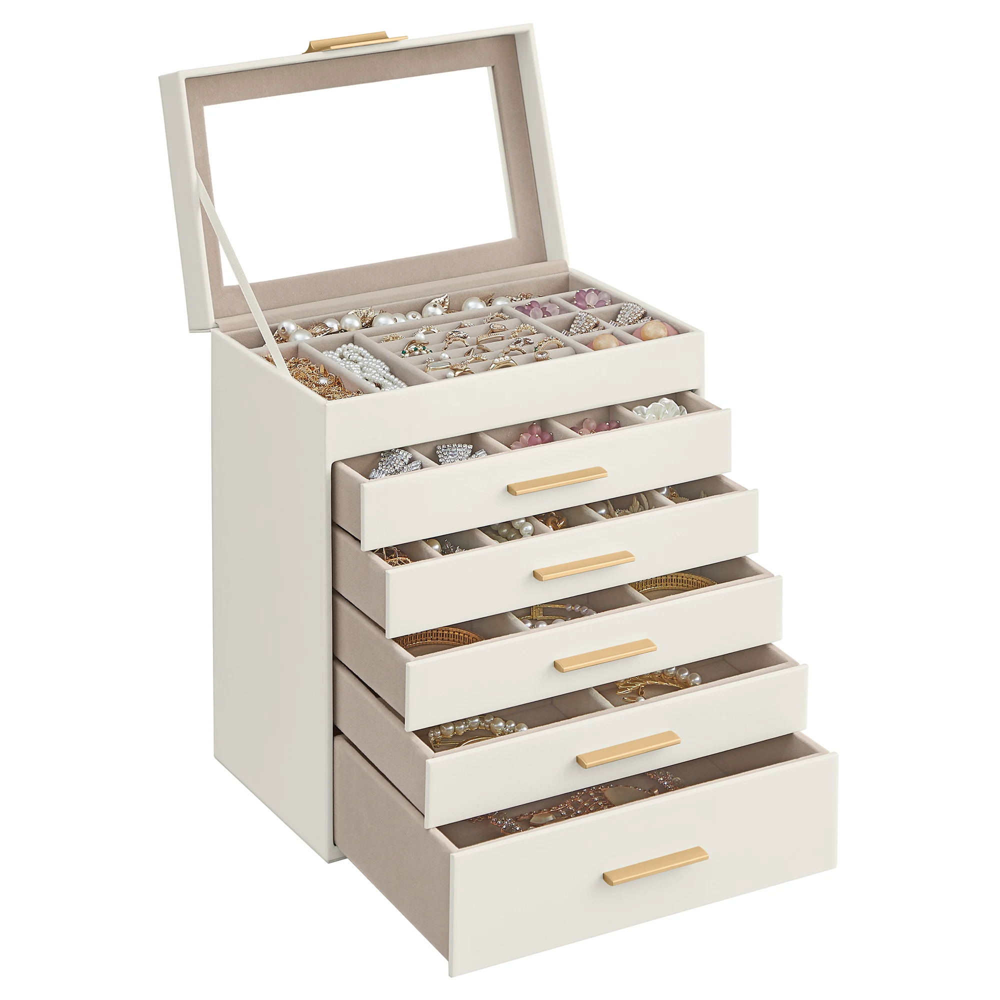 SONGMICS Jewelry Box with Glass Lid, 6-Layer Jewelry Organizer, 5 Drawers, for Sunglasses, Big Jewelry, Jewelry Storage