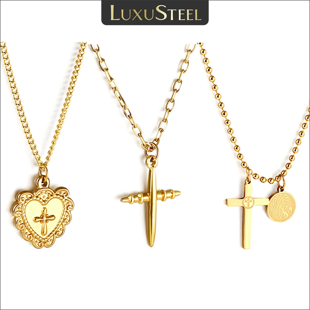 LUXUSTEEL Gothic Heart Shape Cross Pendant Necklace Women Men Stainless Steel Cuban Rolo Beads Chain Simple Prayer Jesus Collar