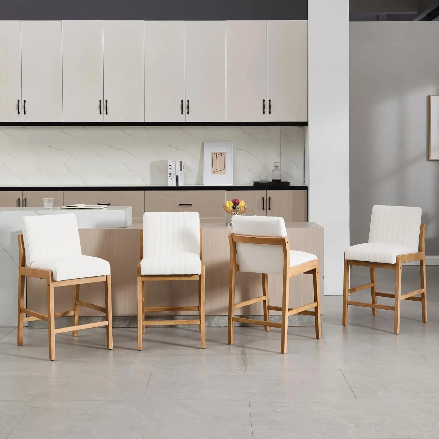 Heah-Yo Modern Upholstered Bar Stools Set Of 4, 26” Linen Counter Height Bar Stools With Back And Footrest,Bar Stools For