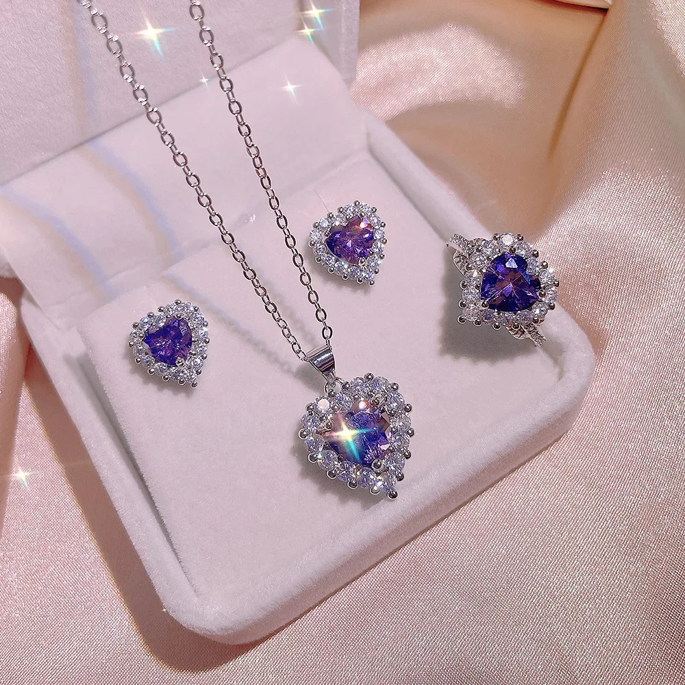 NEWTikTok Hot Selling Source Imitation Topa Blue Zircon Heart Ring Earrings Three Piece Set