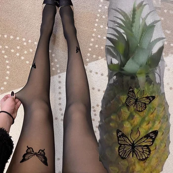 Y2K ผู้หญิง Ultra-thin Tights เซ็กซี่ Vintage ปลอม Tattoo ผีเสื้อสีดําโปร่งใสผ้าไหม Pantyhose สาว Lolita ฤดูร้อนถุงน่อง