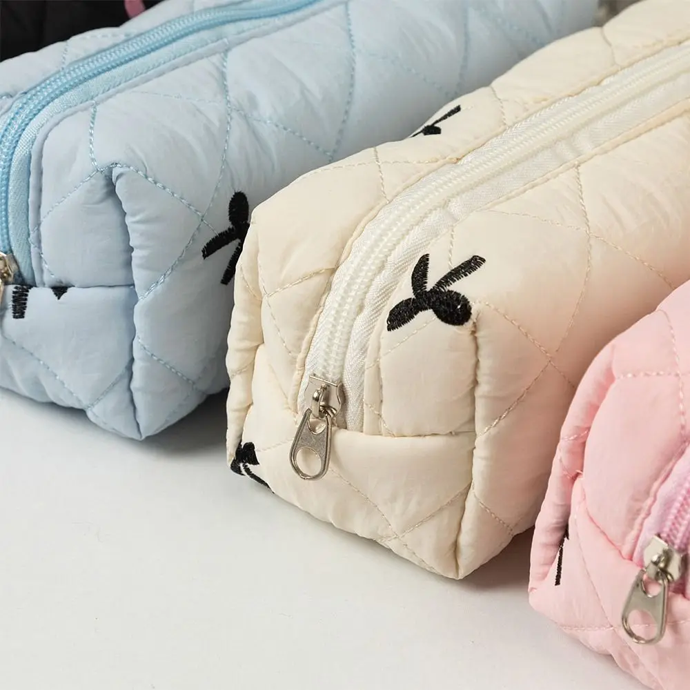 Cotton Quilted Bow Pencil Bags Floral INS Style Student Pen Pouch Large-Capacity Stationery Supplies