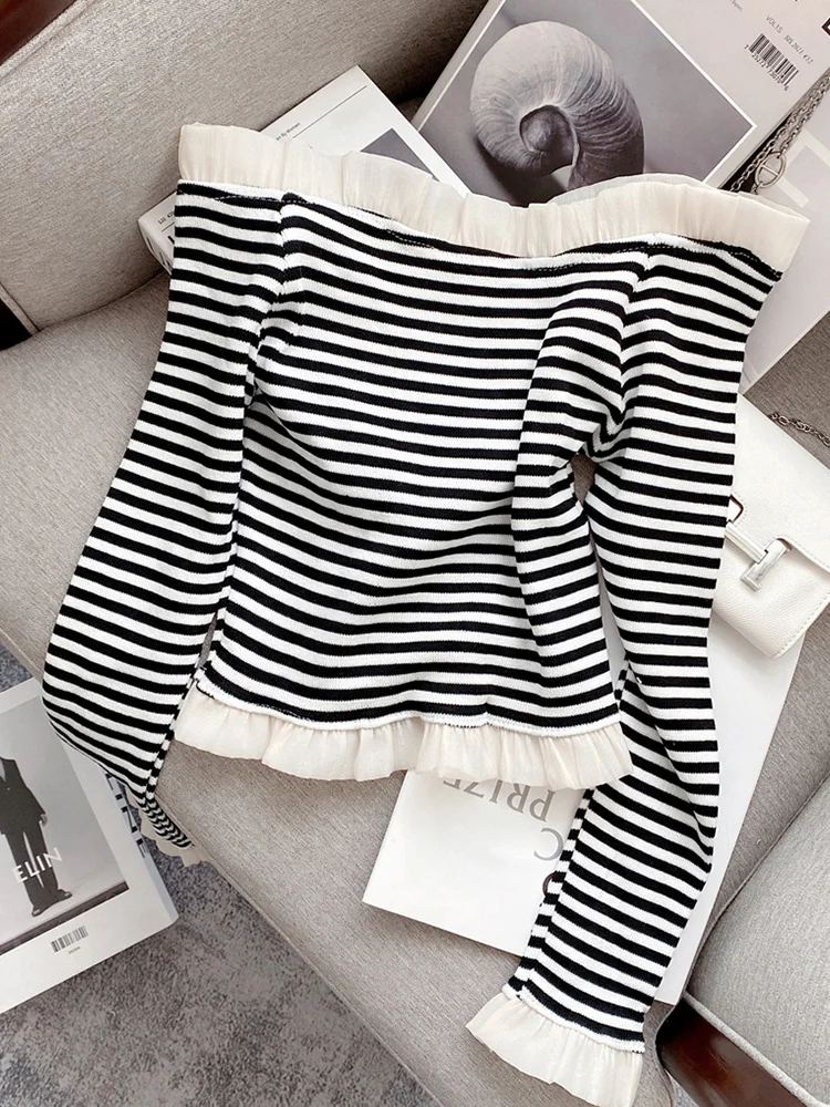 Sweater Women Jumper Slim Slash Neck Pullovers Off Shoulder Knitted Black White Striped Autumn Ruffled Irregular Clothing