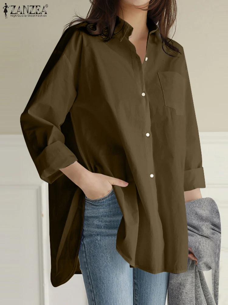 ZANZEA 긴 소매 여성 Camisas Turn-Down Colar 둥근 밑단 특대 streetwear 긴 셔츠 캐주얼 2025 Spring Chemise Femme