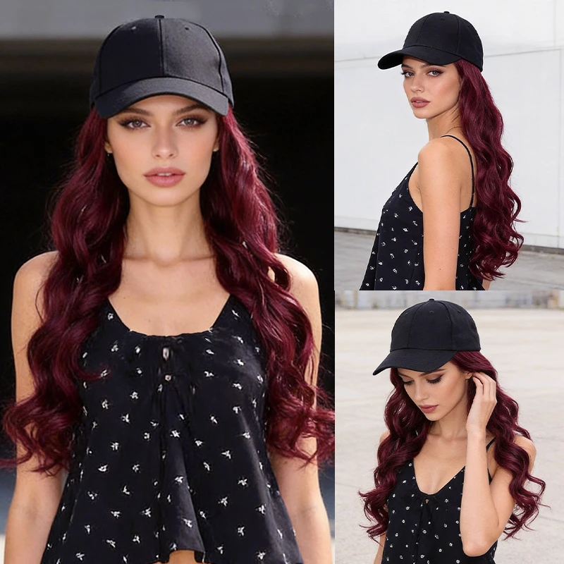 Burgundy Wavy Hair Cap – Synthetic Fiber, Black Baseball Style, Effortless Glamour for Parties, Travel & On-the-Go Beauty