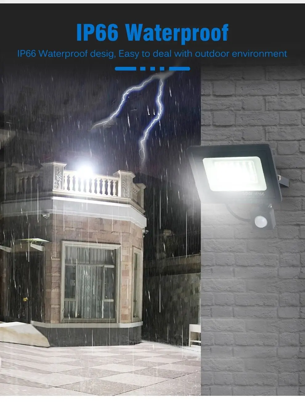 Reflector PIR de 100W con Sensor de movimiento, lámpara de pared para exteriores, luz blanca de 50W, 30W, 20W, 10W, LED impermeable IP66 para patio de jardín