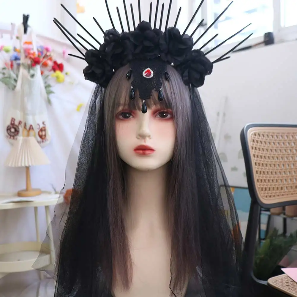 

Ретро сетчатая повязка на голову на Хэллоуин, готическая повязка на голову с вуалью розы, черная длинная повязка для волос невесты для девочек