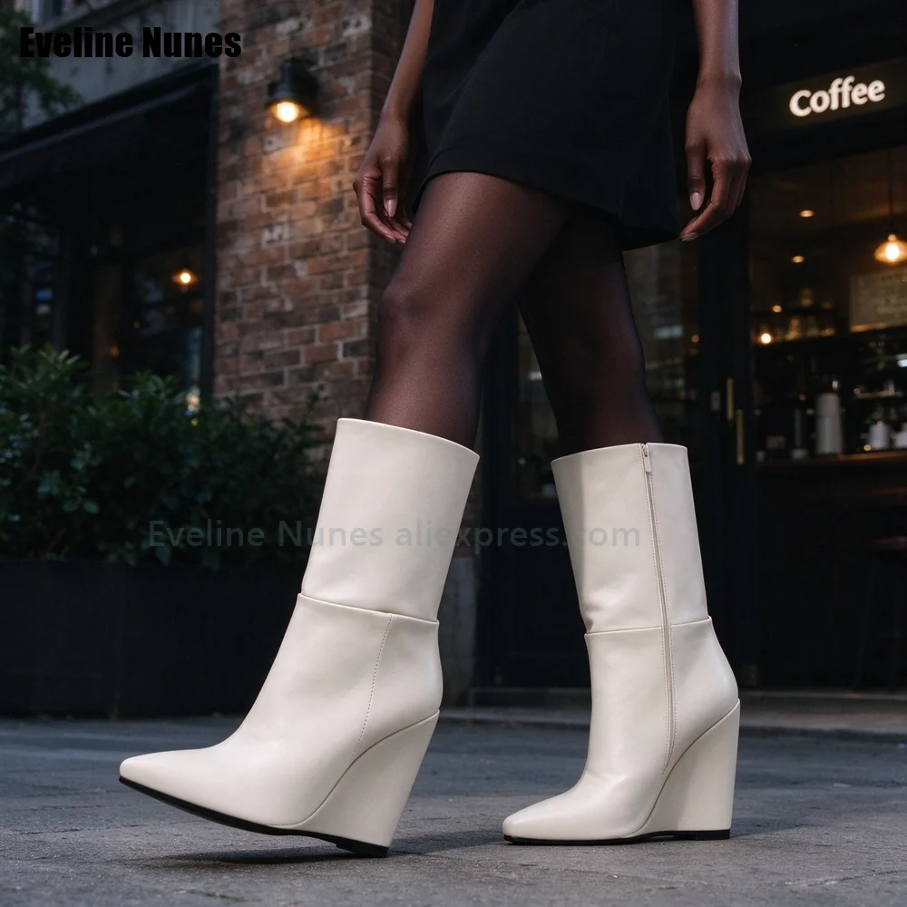 2026 New Cream White Wedge Mid Boots Women Fashion Pointed Toe Fold Over Design Slouch Booties Ladies Autumn Street Style Trend