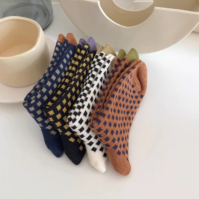 4 Pairs Square Retro Contrasting Color Personality Ethnic Style Long Socks Sweet and Cute Spring Girl Style Mid Tube Socks 2025