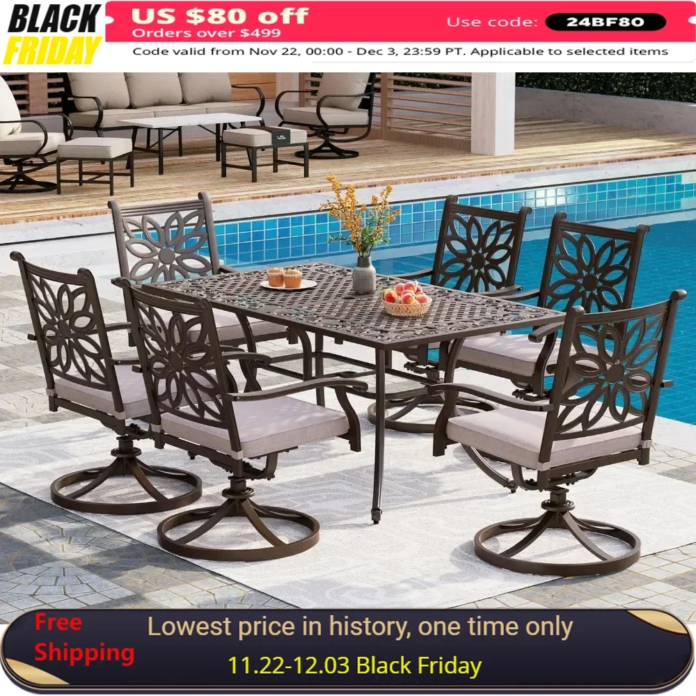 

Aluminum Patio Dining Set,with Cast-Top Aluminum Table and 6 Swivel Rockers Dining Chairs with Cushions,7Piece Outdoor Patio Set