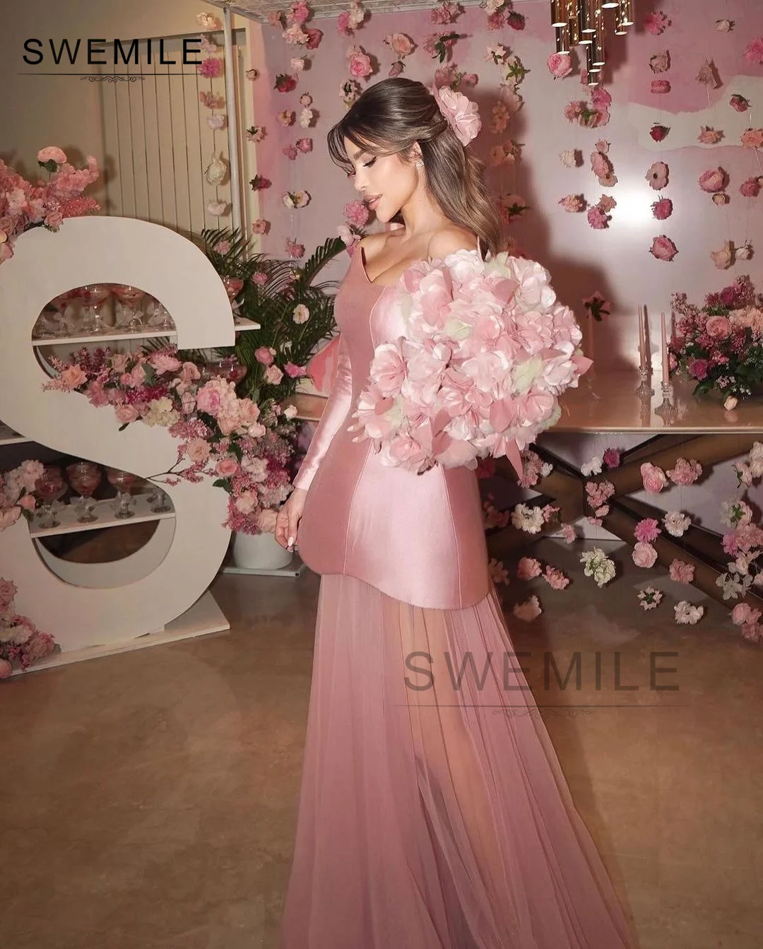 SWEMILE A-Line Sweetheart Floor-Length Long Sleeves Zipper Up Prom Dresses Wedding Party Dress Elegant And Beautiful Dresses For