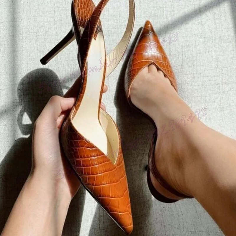 

Brown Crocodile Skin Slingback Pumps Pointed Toe Shoes for Women Cut Heels Stilettos High Heels Shoes 2024 Zapatos Para Mujere