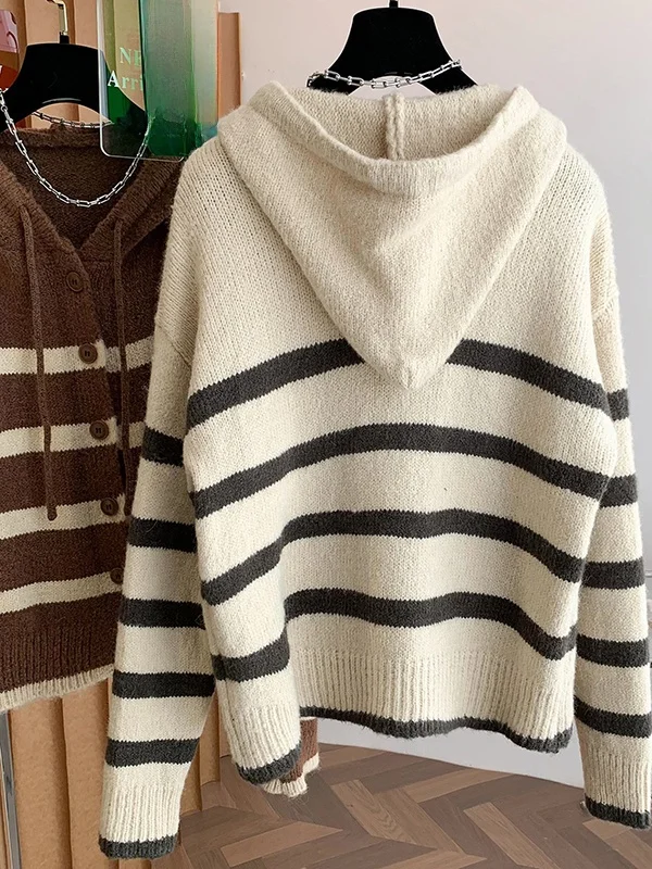 女性の秋冬ルーズニット帽子セーターストライプカジュアル Sle ファッショナブルな怠惰なヴィンテージトレンディな新着トップ
