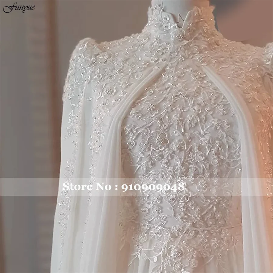 Customized Chiffon Full Sleeves Muslim Wedding Dress with Cape Hijab Islamic Bridal Gowns High Neck Abaya Robe De Mariée