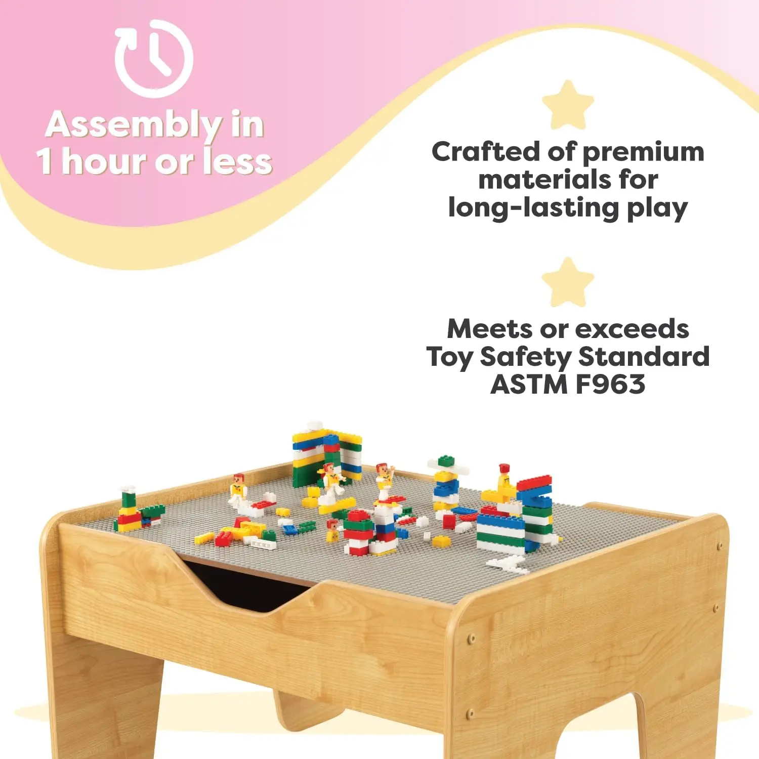 Reversible Wooden Activity Table with 195 Building Bricks, Gray & Natural, Gift for Kids Ages 3+