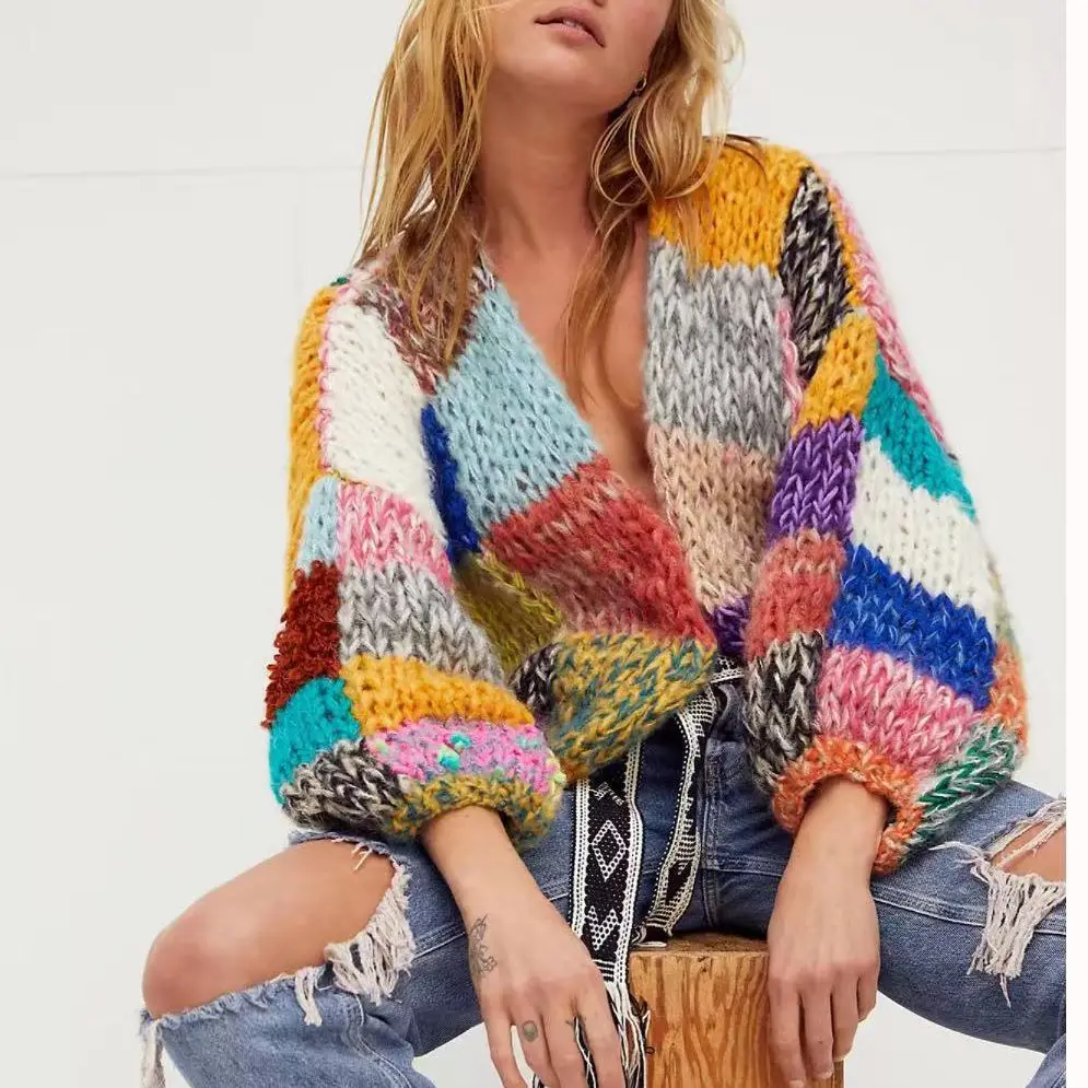 TEELYNN Vintage Rainbow Plaid Cardigan Sweaters for Women Vintage Knitted Oversize Coats Loose Sweater Warm Winter Boho Outwears