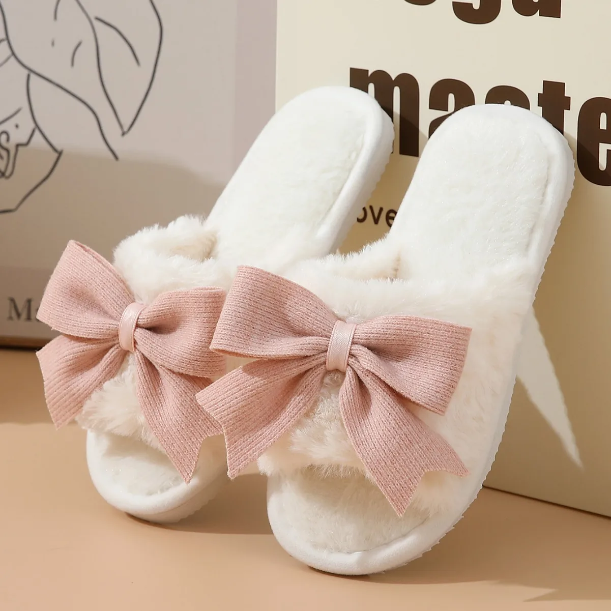 

2026 Wholesale Cotton Slippers for Women in Winter, Cute Bow, Indoor Home Warmth Thick Bottom Anti Slip Open Mouth Slippers