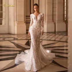 Loverxu Mermaid Elegant Wedding Dresses 2024 V-Neck Long Sleeve Vestido De Novia Glamorous Appliques Backless Robe De Mariee