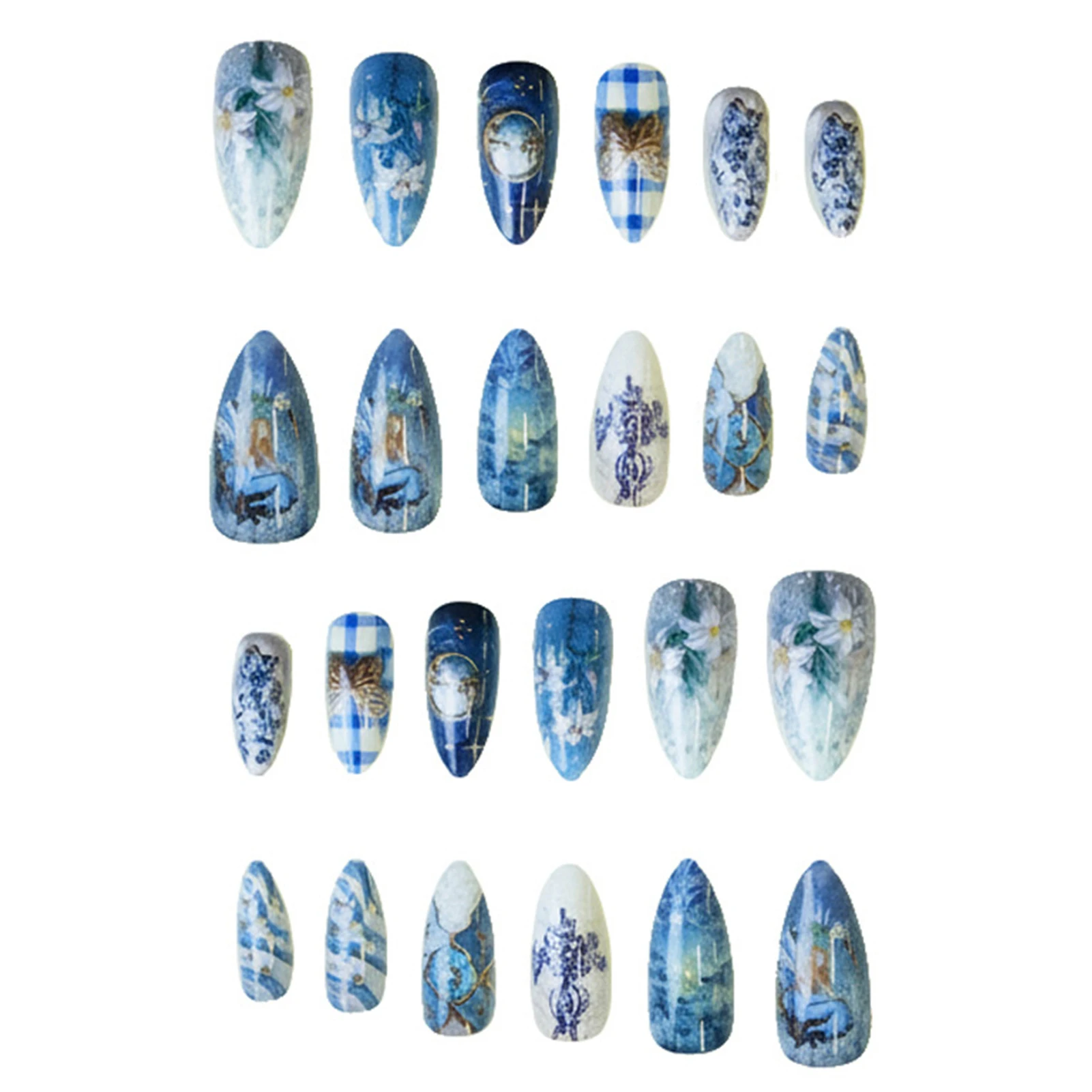 24 個ヴィンテージガーデンフェイクネイルアーモンドプレスオンネイル取り外し可能なブルージェントルエレガントな付け爪蝶の花のデザイン