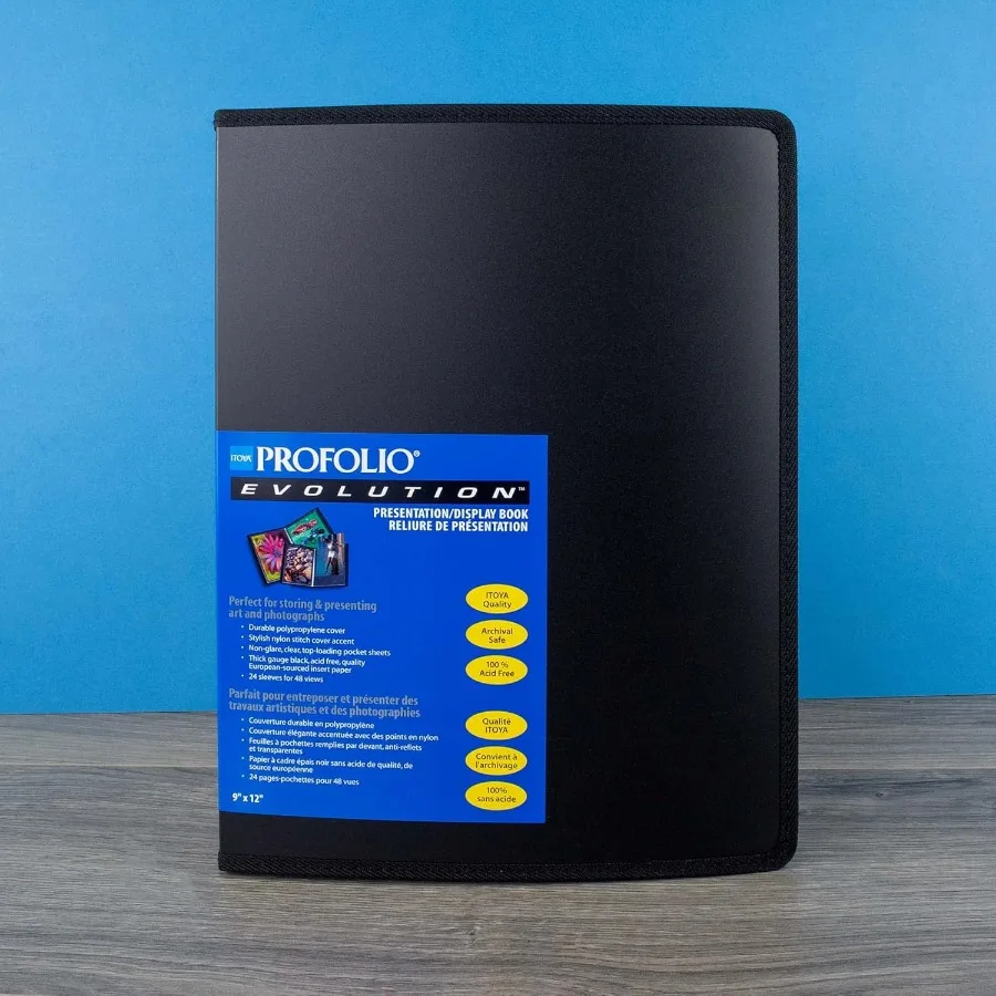 Itoya ProFolio Evolution 9x12 Libro de álbum de fotos negro con 48 páginas - Ideal para almacenamiento de documentos de archivo y conservación de fotografías