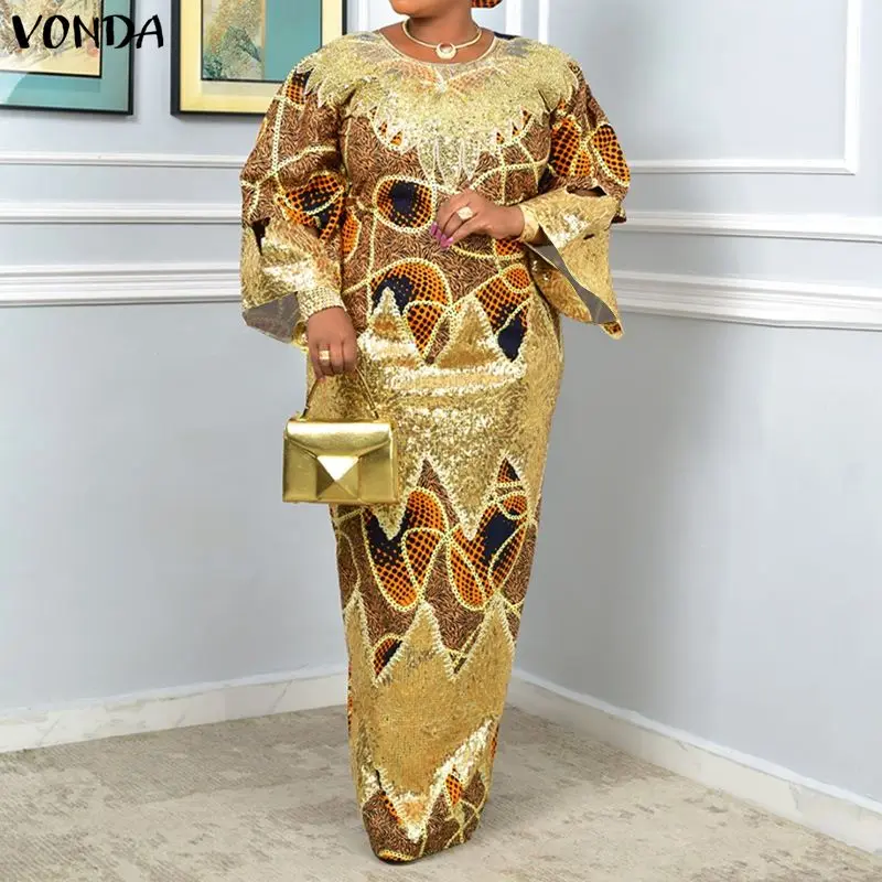 Женские платья макси размера плюс 5XL VONDA, осенний винтажный сарафан с длинными расклешенными рукавами и принтом, 2026, модный повседневный вечерний халат большого размера