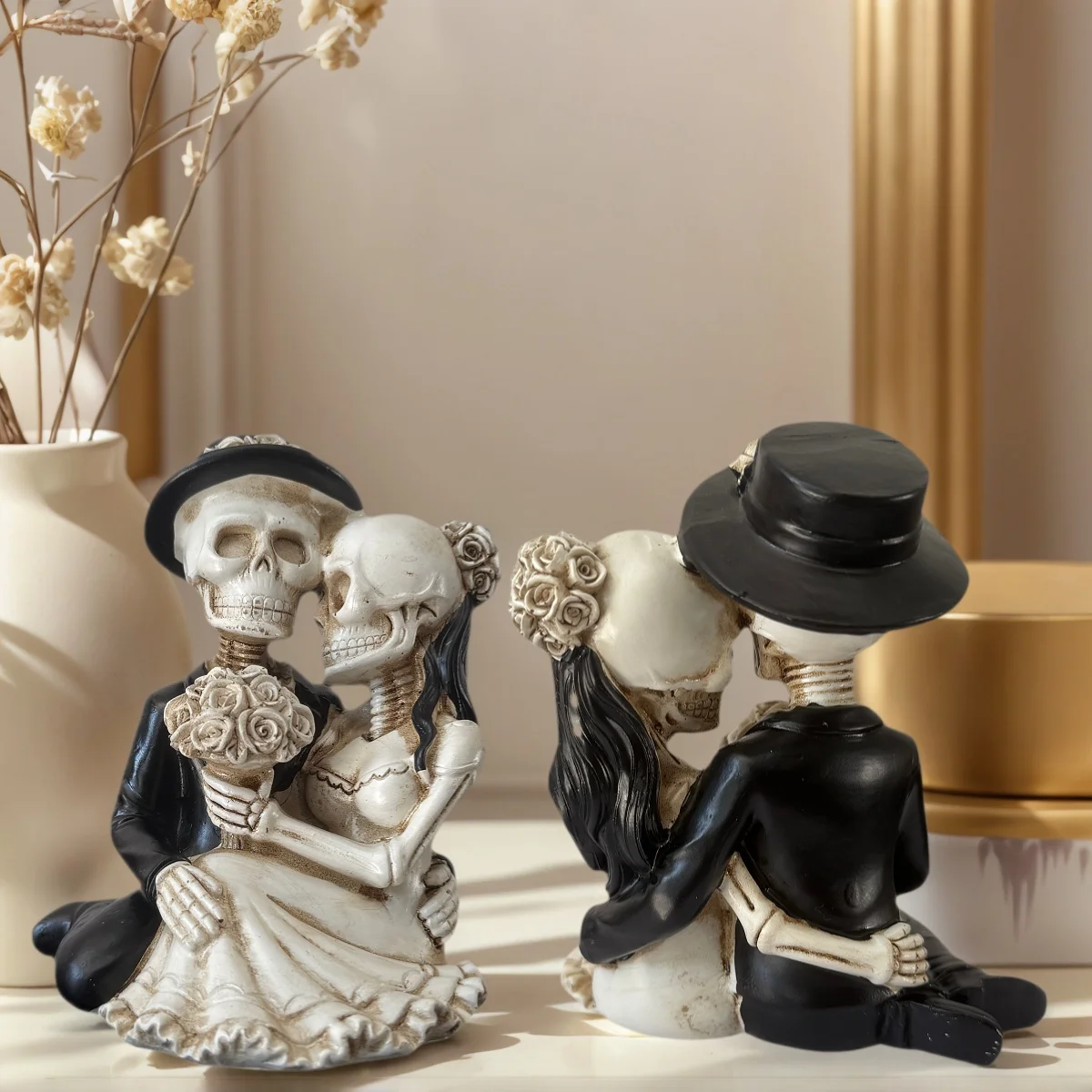 1 ديكورات للزوجين على شكل جمجمة - ديكور فني رومانسي من الراتنج على الطراز القوطي، ديكور مقدس للهالوين، ديكور فريد من نوعه لغرفة ألعاب المنزل والهروب. #5