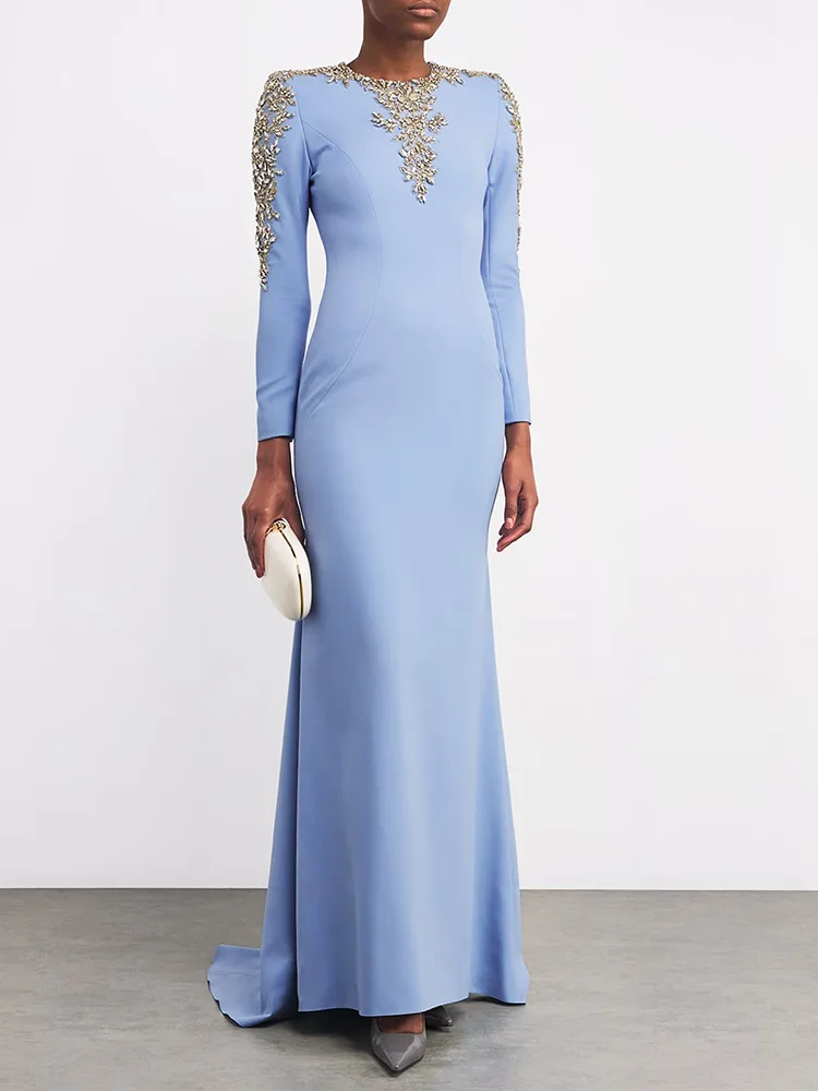 HIGH STREET Newest Fashion 2026 Designer Party Vestido Women's Shoulder Diamonds Beaded Trailing Maxi Dress