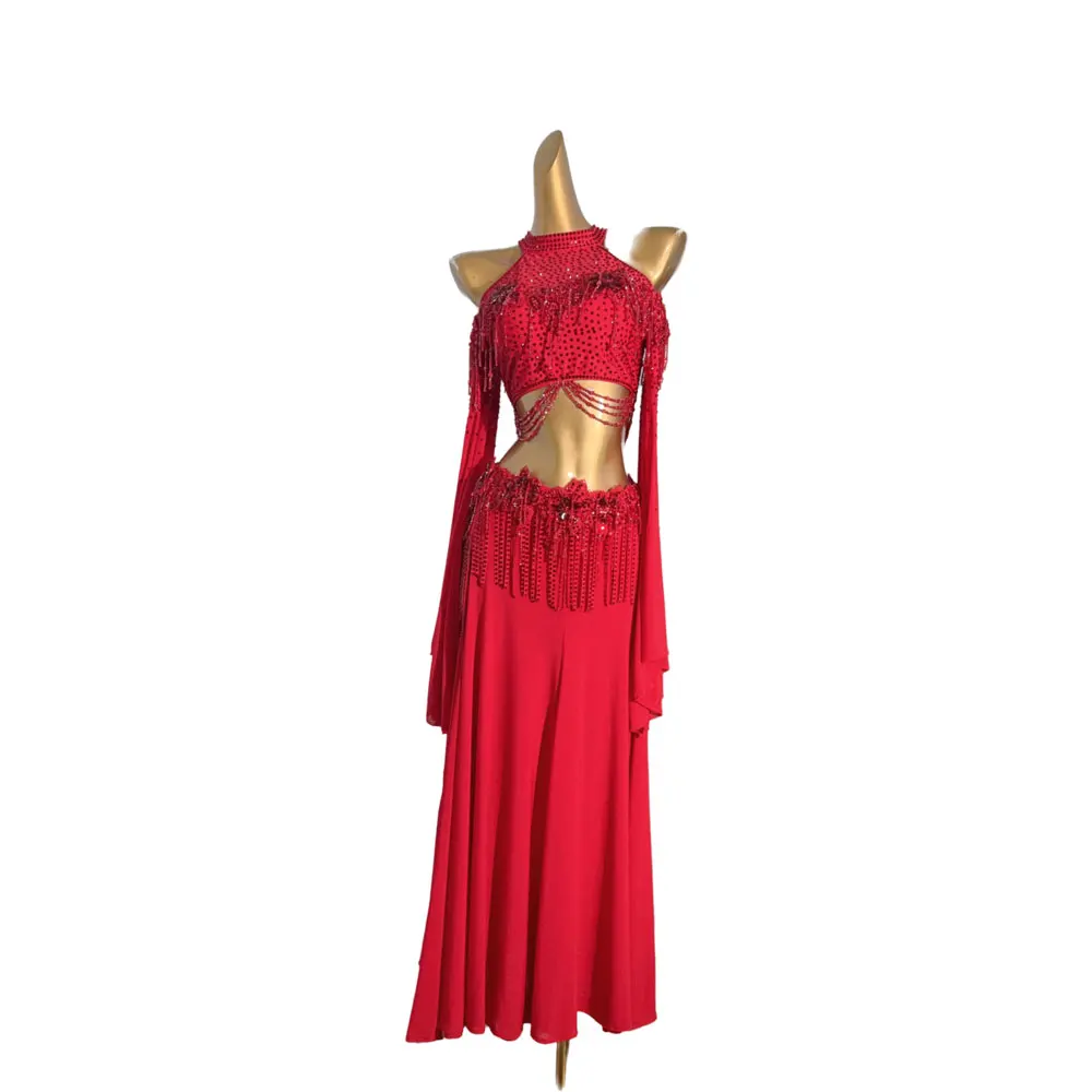 Traje de dança do ventre ab pedra feminino adulto crianças high-end personalizado grande flor vermelha samba desempenho vestido