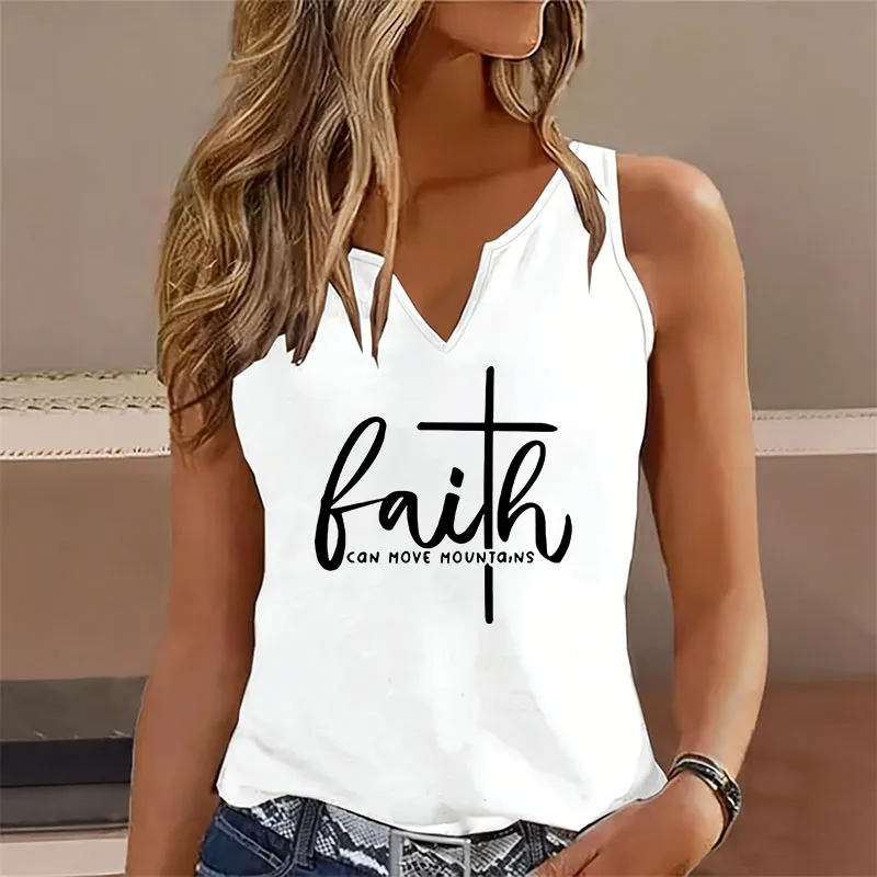Faith Can Move Mountains Letter Printed Sleeveless Tank Top T-shirt V Neck Vest T Shirts Women Short Sleeve Tee Shirt V-Neck