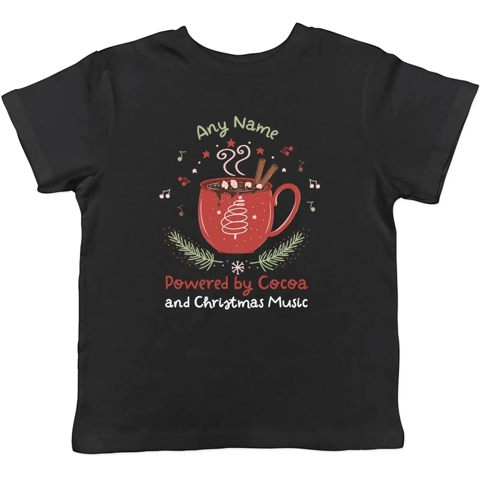 Personalisiertes T Shirt Powered by Cocoa and Christmas Music Kinder Jungen Mädchen Geschenk vintage Washed Breathable Unisex