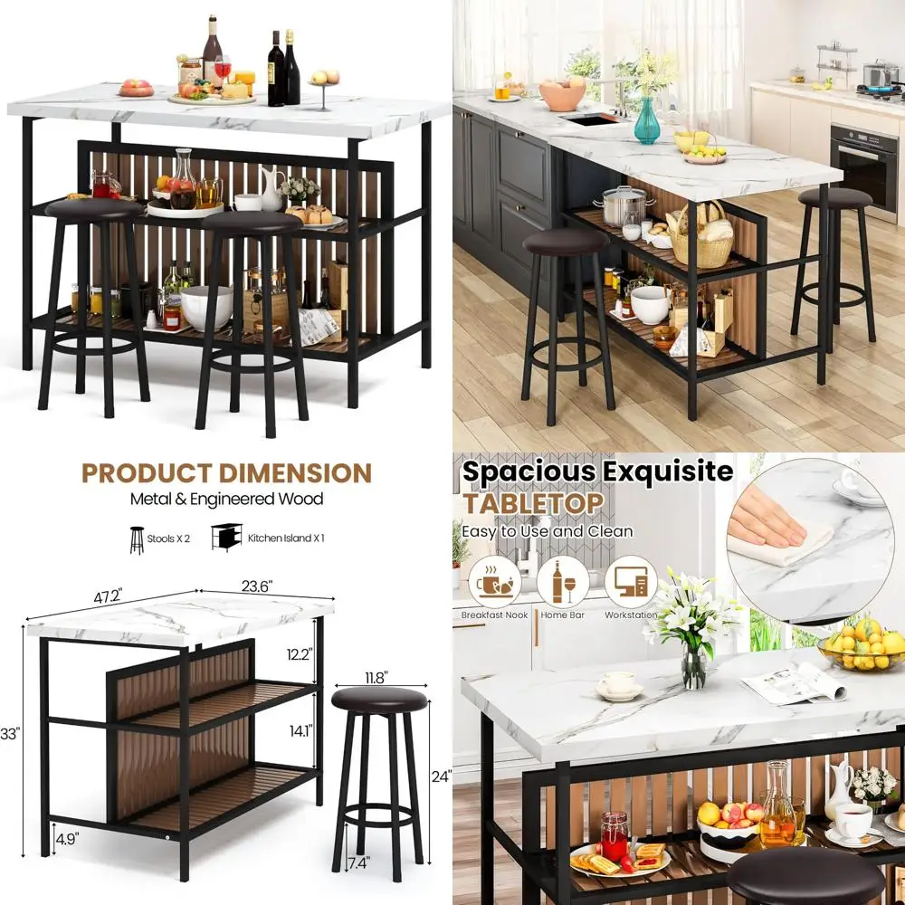 現代的な3ピースキッチンアイランド、スツールと収納付き、2人用コンパクトダイニングセット、省スペースキッチン＆ダイニングルーム家具